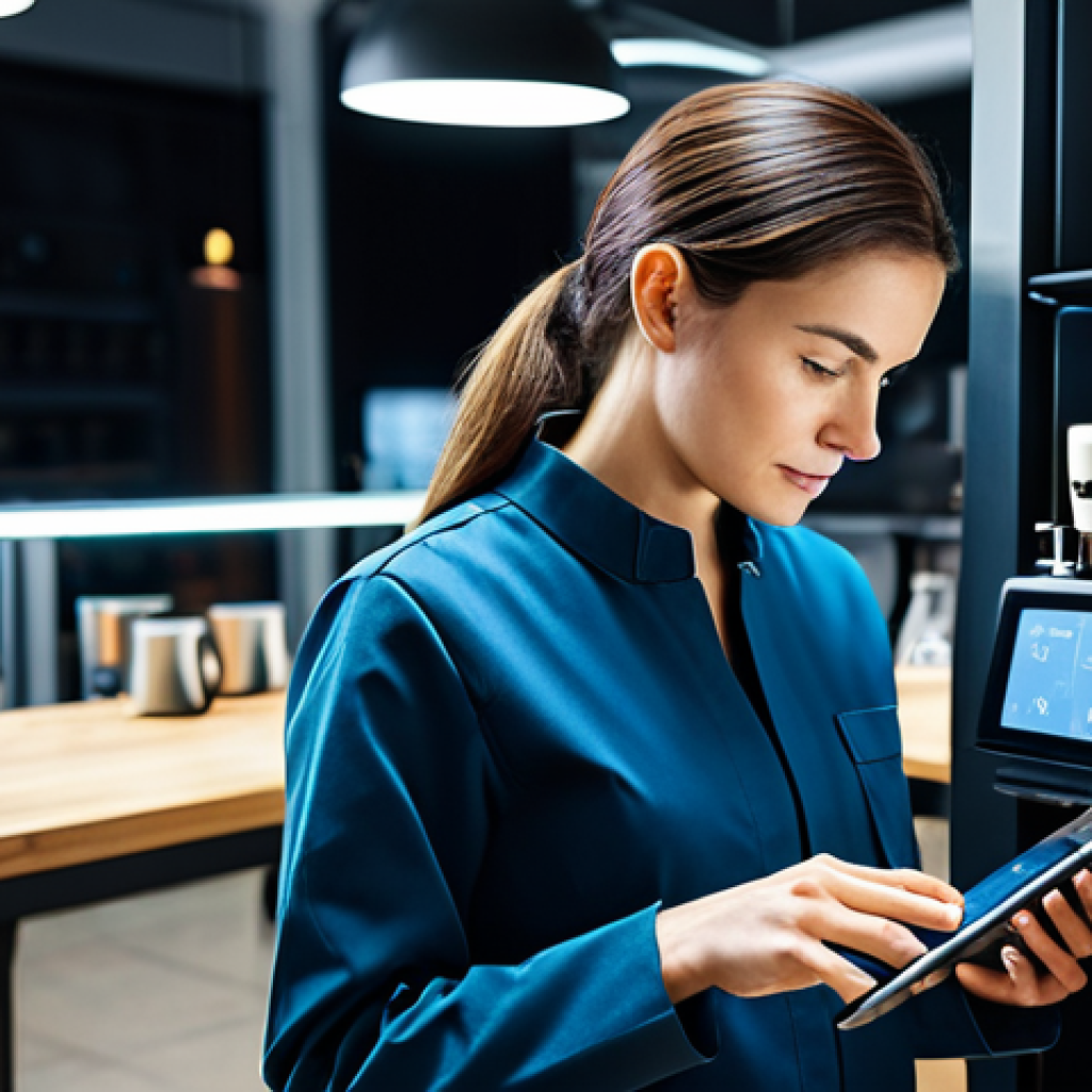 A professional female technician, wearing a clean, modest work jumpsuit, meticulously inspecting the internal components of a sleek, futuristic unmanned coffee machine in a brightly lit, modern smart coffee shop. She is holding a tablet displaying diagnostic data. fully clothed, appropriate attire, safe for work, perfect anatomy, correct proportions, natural pose, well-formed hands, proper finger count, natural body proportions, professional photography, high-quality photograph, sharp focus, professional lighting, appropriate content, professional.