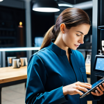 A professional female technician, wearing a clean, modest work jumpsuit, meticulously inspecting the internal components of a sleek, futuristic unmanned coffee machine in a brightly lit, modern smart coffee shop. She is holding a tablet displaying diagnostic data. fully clothed, appropriate attire, safe for work, perfect anatomy, correct proportions, natural pose, well-formed hands, proper finger count, natural body proportions, professional photography, high-quality photograph, sharp focus, professional lighting, appropriate content, professional.