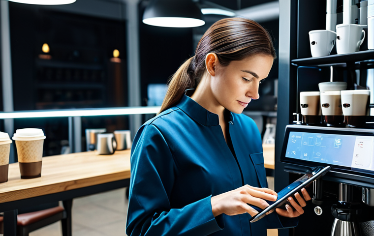 A professional female technician, wearing a clean, modest work jumpsuit, meticulously inspecting the internal components of a sleek, futuristic unmanned coffee machine in a brightly lit, modern smart coffee shop. She is holding a tablet displaying diagnostic data. fully clothed, appropriate attire, safe for work, perfect anatomy, correct proportions, natural pose, well-formed hands, proper finger count, natural body proportions, professional photography, high-quality photograph, sharp focus, professional lighting, appropriate content, professional.