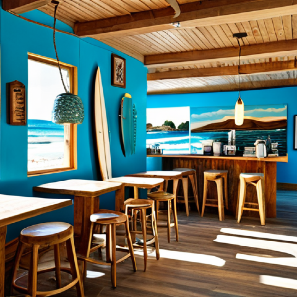 A professional interior view of an immersive surf-themed coffee shop. The space features natural wood furniture, a soft sand-like texture on the floor, and walls with a subtle blue and white ocean gradient. Decorative elements include authentic vintage surfboards adorned with hand-drawn illustrations, natural hemp ropes, seashells, and starfish. Fishing net-shaped light fixtures cast a warm, dappled light, evoking a serene tropical island ambiance. Patrons are fully clothed in appropriate, modest attire, enjoying the tranquil setting. safe for work, appropriate content, fully clothed, professional, perfect anatomy, correct proportions, natural pose, well-formed hands, proper finger count, natural body proportions, high-quality photography, cinematic lighting, daylight.