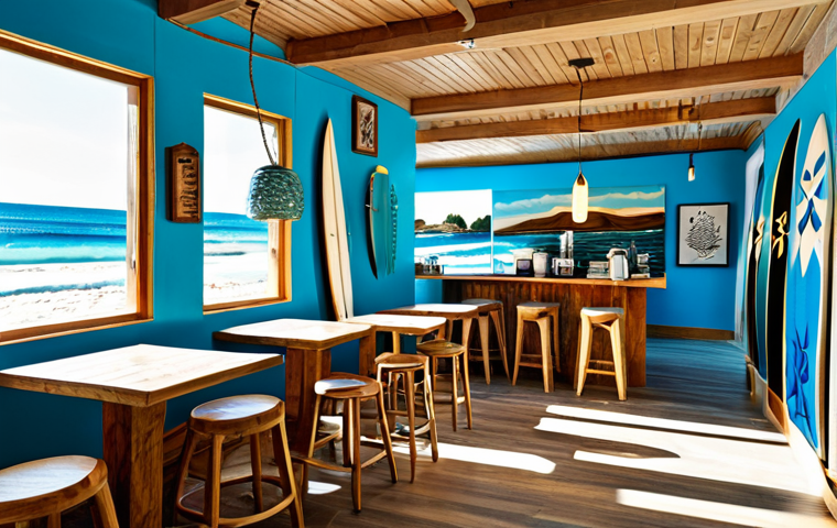 A professional interior view of an immersive surf-themed coffee shop. The space features natural wood furniture, a soft sand-like texture on the floor, and walls with a subtle blue and white ocean gradient. Decorative elements include authentic vintage surfboards adorned with hand-drawn illustrations, natural hemp ropes, seashells, and starfish. Fishing net-shaped light fixtures cast a warm, dappled light, evoking a serene tropical island ambiance. Patrons are fully clothed in appropriate, modest attire, enjoying the tranquil setting. safe for work, appropriate content, fully clothed, professional, perfect anatomy, correct proportions, natural pose, well-formed hands, proper finger count, natural body proportions, high-quality photography, cinematic lighting, daylight.