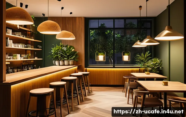 야간 운영 이색카페 - A cozy nighttime caf&eacute; interior featuring warm, soft lighting with layered illumination including sma...