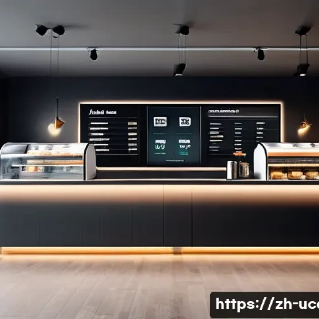 무인 카페와 유인 카페 비교 - A sleek, modern unmanned coffee shop interior bustling with young, tech-savvy customers using touchs...
