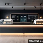 무인 카페와 유인 카페 비교 - A sleek, modern unmanned coffee shop interior bustling with young, tech-savvy customers using touchs...