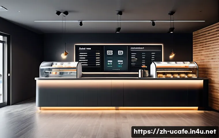무인 카페와 유인 카페 비교 - A sleek, modern unmanned coffee shop interior bustling with young, tech-savvy customers using touchs...