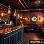 스팀펑크 컨셉 이색카페 - A vintage steampunk caf&eacute; interior showcasing intricate copper gears and pipes intertwined on the wal...