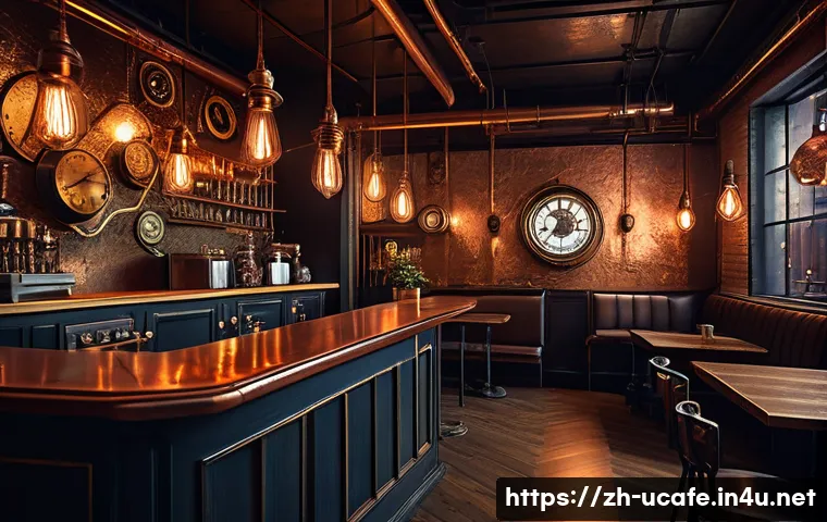 스팀펑크 컨셉 이색카페 - A vintage steampunk caf&eacute; interior showcasing intricate copper gears and pipes intertwined on the wal...