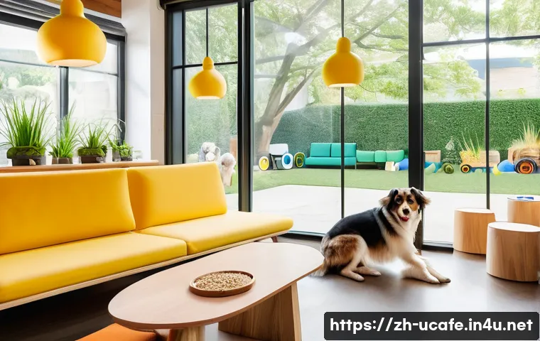 반려동물 동반 가능한 이색카페 - A cozy pet-friendly caf&eacute; interior designed with a dedicated dog play area featuring soft grass lawn,...