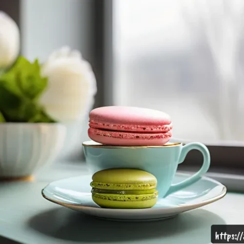 음료와 디저트 페어링 추천 - A cozy afternoon tea scene featuring a delicate French macaron with soft pastel colors, placed on an...