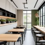 트렌디한 미니멀 카페 인테리어 - A minimalist cafe interior featuring soft neutral tones such as white, light gray, and beige walls a...