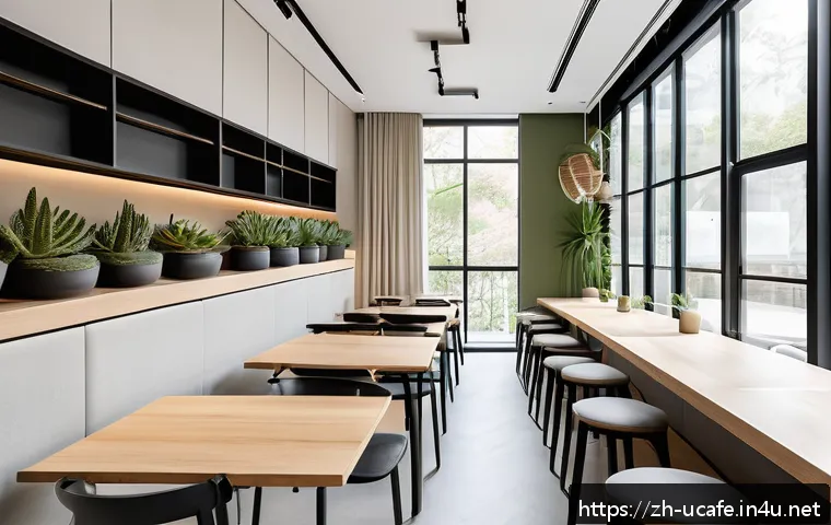 트렌디한 미니멀 카페 인테리어 - A minimalist cafe interior featuring soft neutral tones such as white, light gray, and beige walls a...