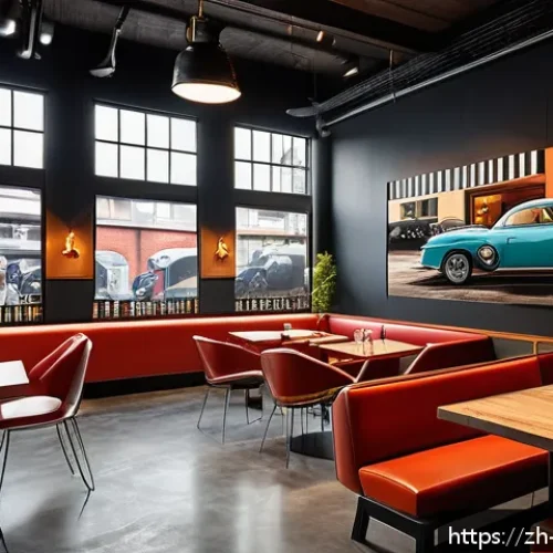 자동차 컨셉 카페 추천 - An immersive automotive-themed caf&eacute; interior blending industrial style and classic car elements, fea...