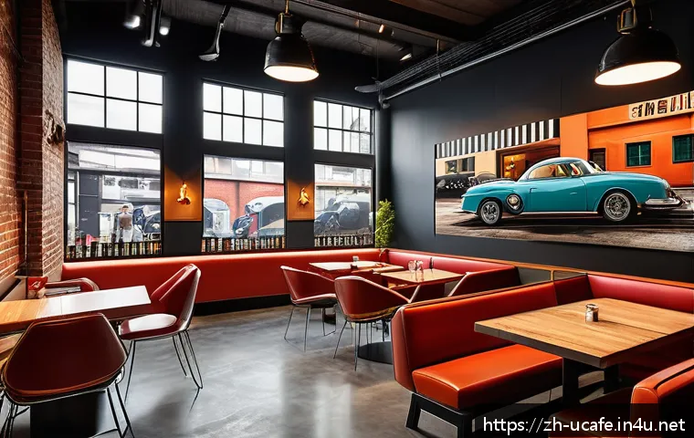 자동차 컨셉 카페 추천 - An immersive automotive-themed caf&eacute; interior blending industrial style and classic car elements, fea...