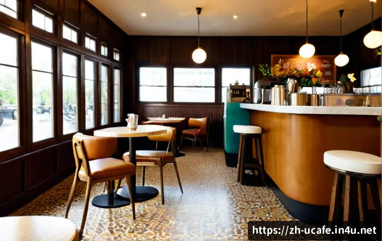 레트로 감성 카페 디자인 - Photorealistic retro-inspired caf&eacute; interior, warm walnut wood paneling, caramel leather booth seatin...